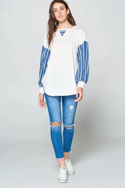Super Lady Full Size French Terry Striped Long Sleeve Top - Love Salve